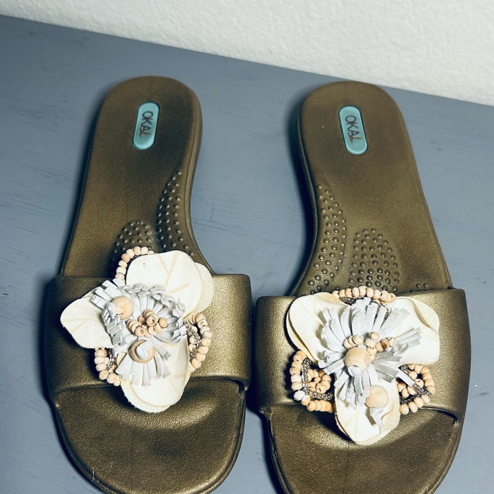 OKA b. Slide Sandals with Gold Cream & Beige Floral Accents